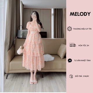 Váy hoa nhí xếp tầng, váy maxi đi biển họa tiết hoa cam sang chảnh, tôn da