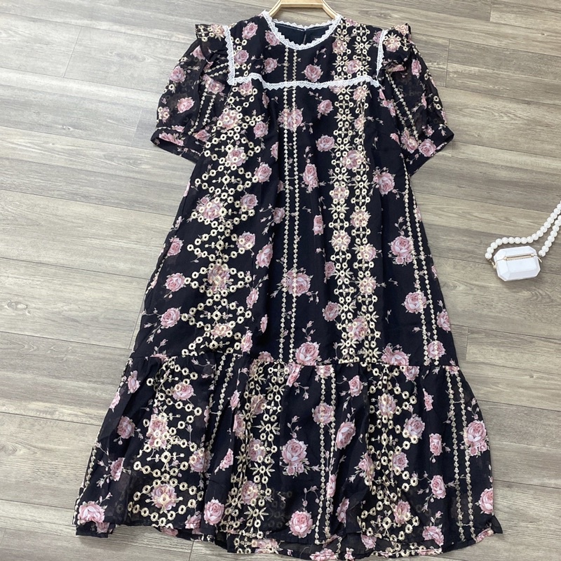 ( 40-60kg) Đầm Bầu Hoa Thêu Đuôi Cá Bèo Ren Siêu Xinh - Váy bầu ngắn tay có sẵn tại shop Oanhltk