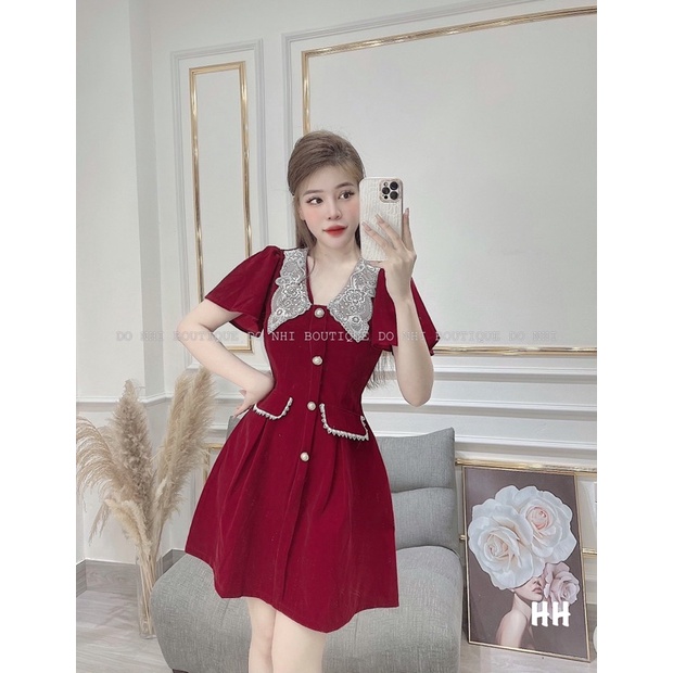 Váy nhung cổ sen 2 màu đen đỏ
