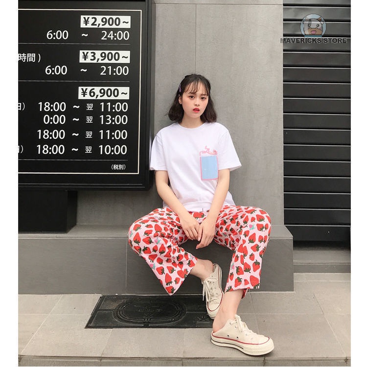 Dễ Thương Quần Lửng Lưng Cao Ống Rộng In Họa Tiết Dâu Tây Thời Trang Xuân Hè Cho Nữ