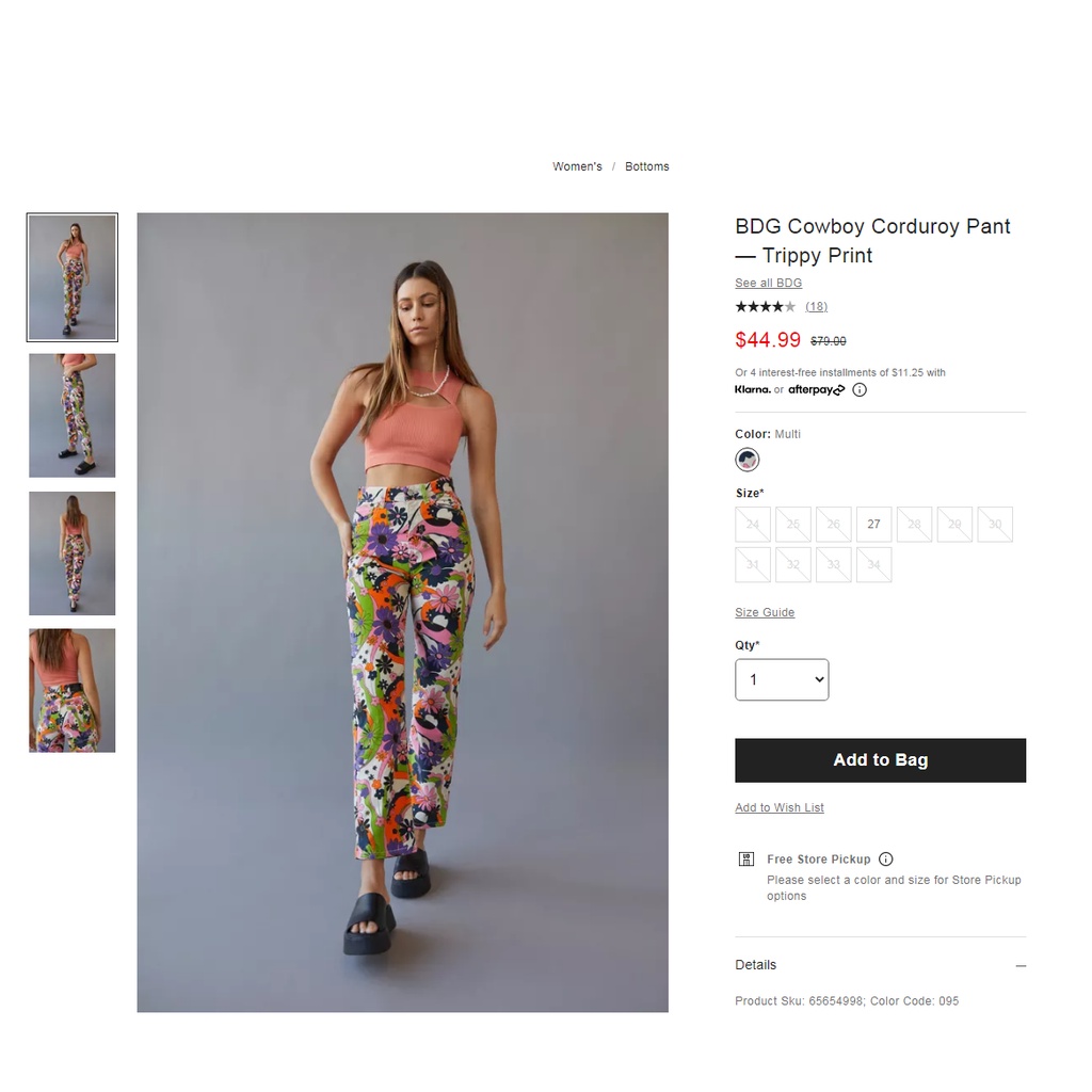 Quần khaki nhung họa tiết hoa lưng cao BDG by Urban Outfitters