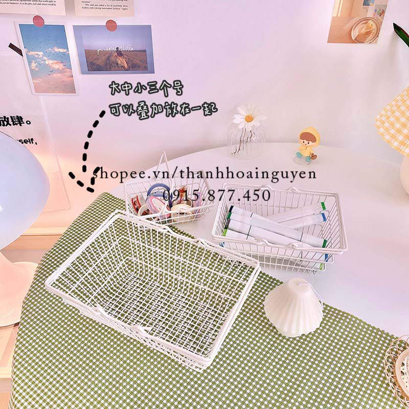 Rổ sắt màu trắng có tay cầm xinh xắn tiểu thư ( Giỏ rổ đi picnic xinh xắn )