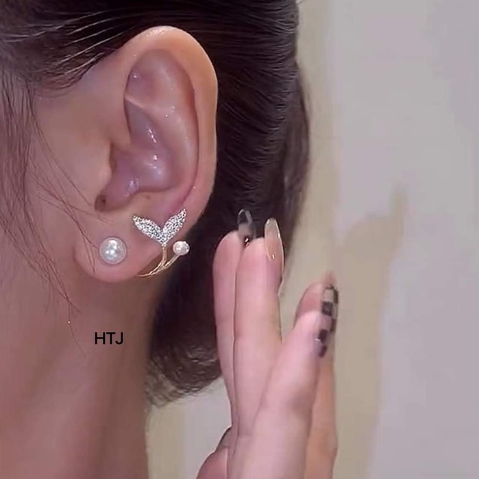 Khuyên tai bạc Van Jewelry V10731 Khuyên Mỹ Nhân Ngư chạm ngọc trắng xinh