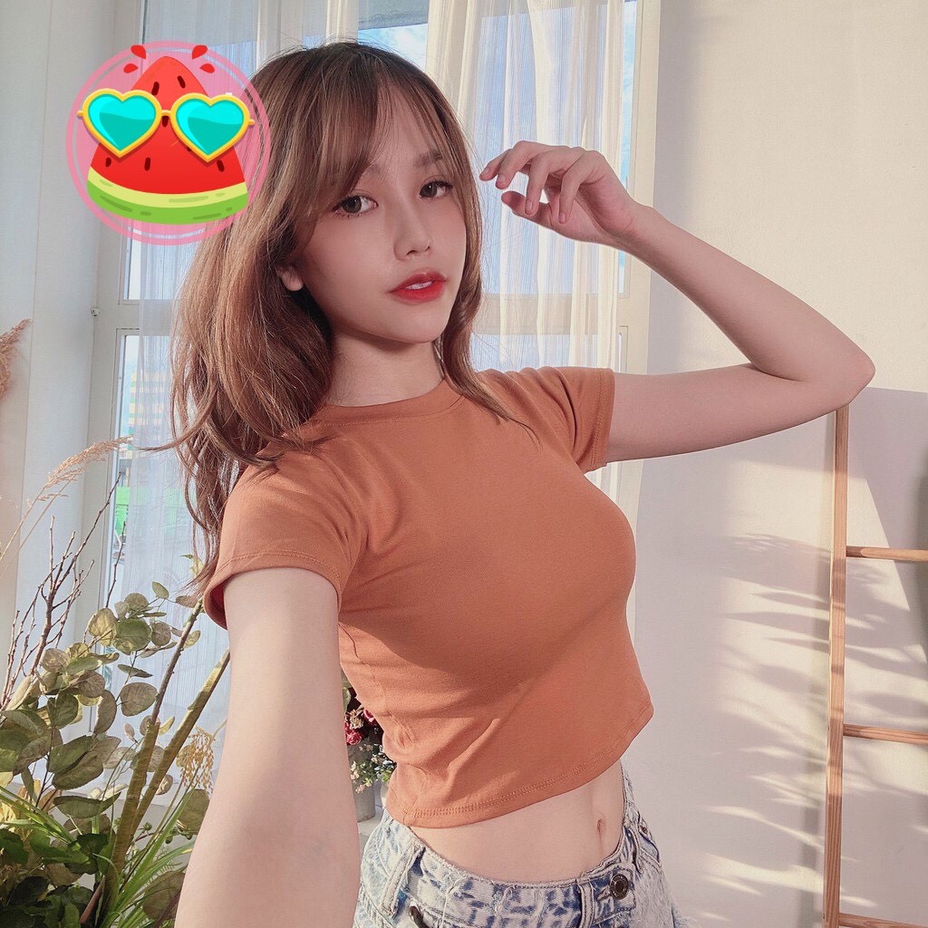 [Ảnh thật] Áo Croptop Cổ Tròn Ôm Body