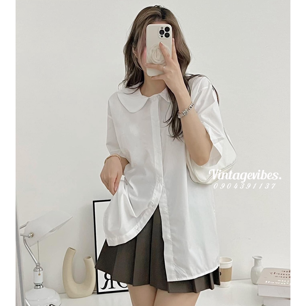 Áo sơ mi dáng rộng nữ, Áo sơ mi cổ sen 2 màu thanh lịch phong cách Hàn Quốc