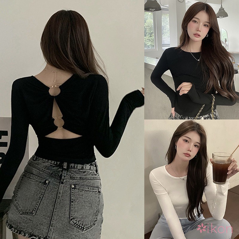 Áo Thun Crop Top Tay Dài Màu Sắc Đơn Giản Phong Cách Hàn Quốc Cho Nữ