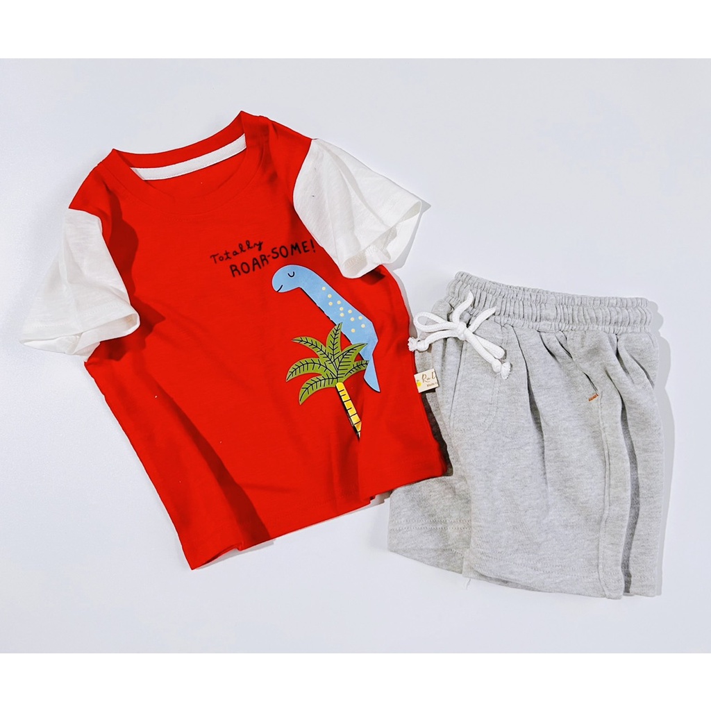 Bộ  quần áo  cộc tay thun cotton phối quần da cá dây rút bé trai