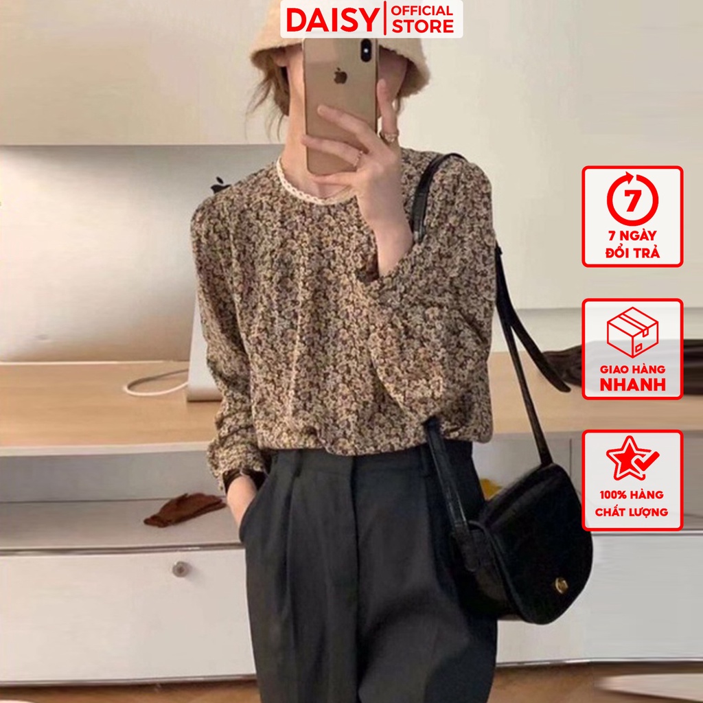 Áo kiểu hoa nhí dài tay DAISY chất nỉ Hàn không xù lông, rất mềm mại có co giãn phối viền ren tăng thẩm mĩ AK3101