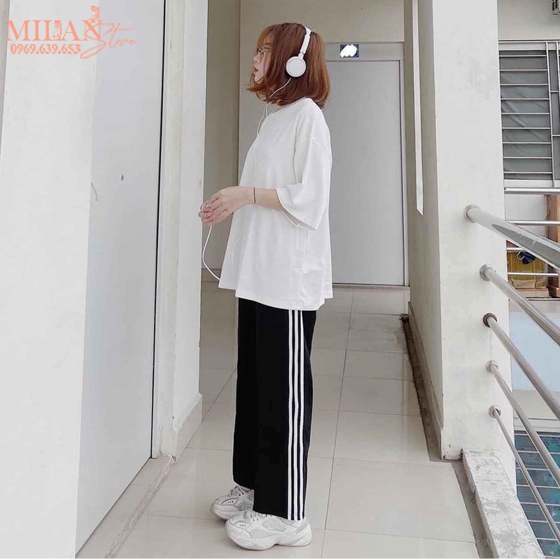 Quần thể thao 3 sọc nữ ống suông rộng dài có túi vải Umi co dãn dáng dài màu đen dây rút học sinh đi học gym