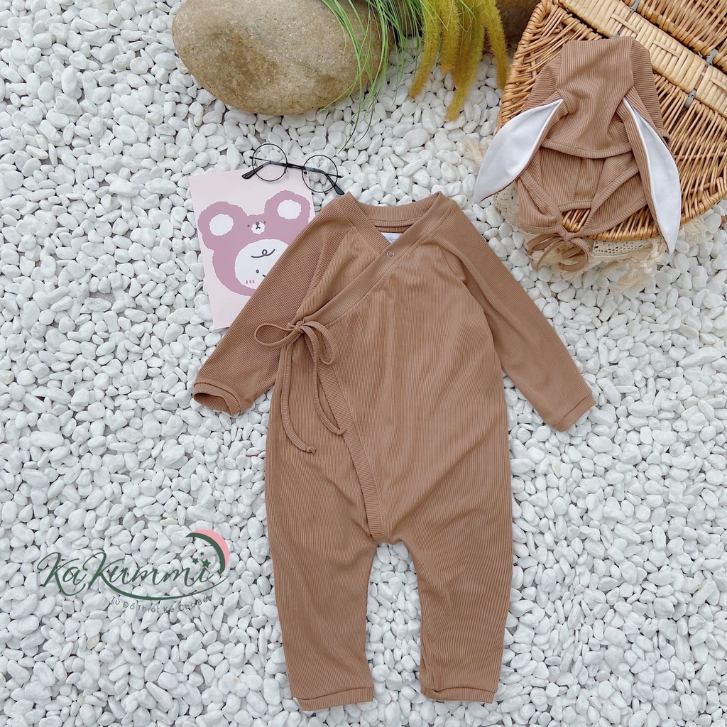 [Kèm mũ] Body suit len dài tay trẻ em 3-14kg, body dài tay buộc dây cho bé trai gái 21BD122 Kakummi