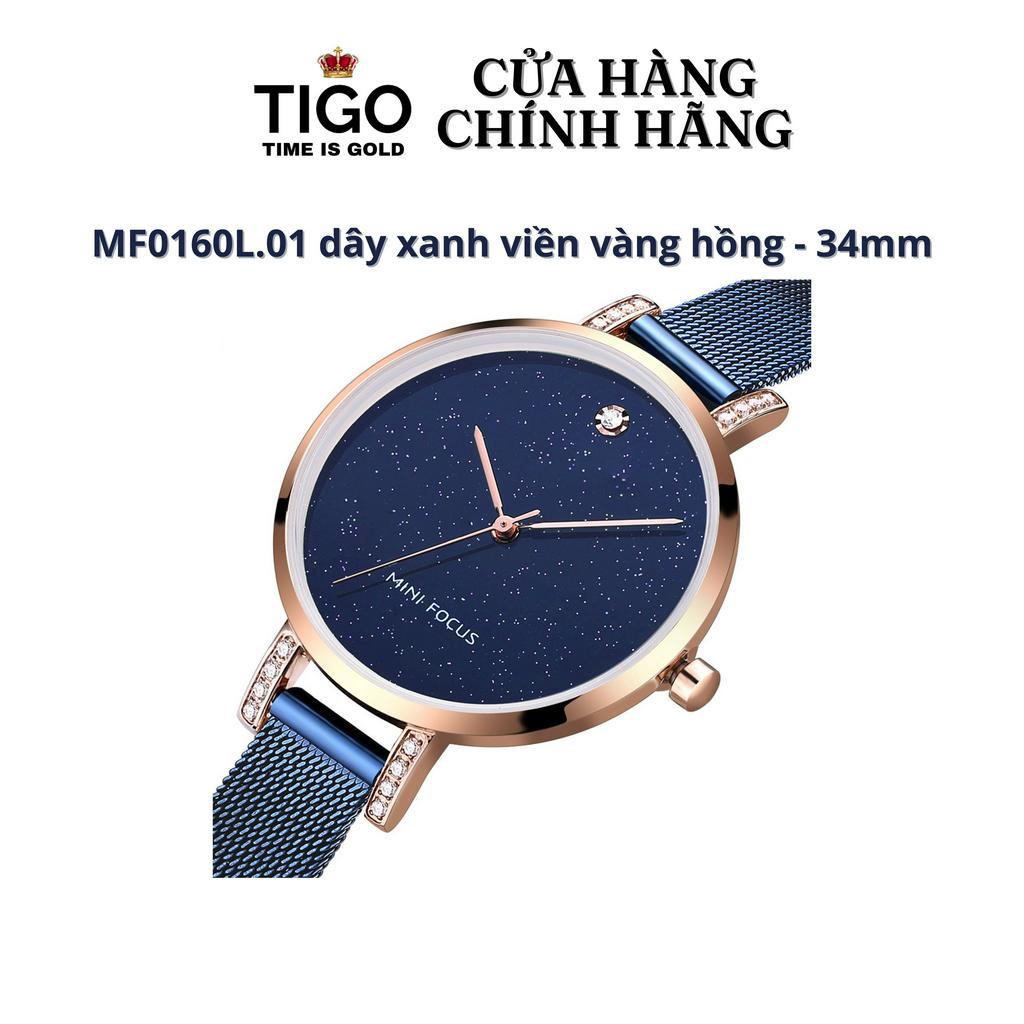 Đồng Hồ Nữ MINI FOCUS MF0160L.01 Dây Thép Xanh Viền Vàng Hồng Thép Không Gỉ Cao Cấp Mặt Tròn Đường Kính 34mm Chống Nước