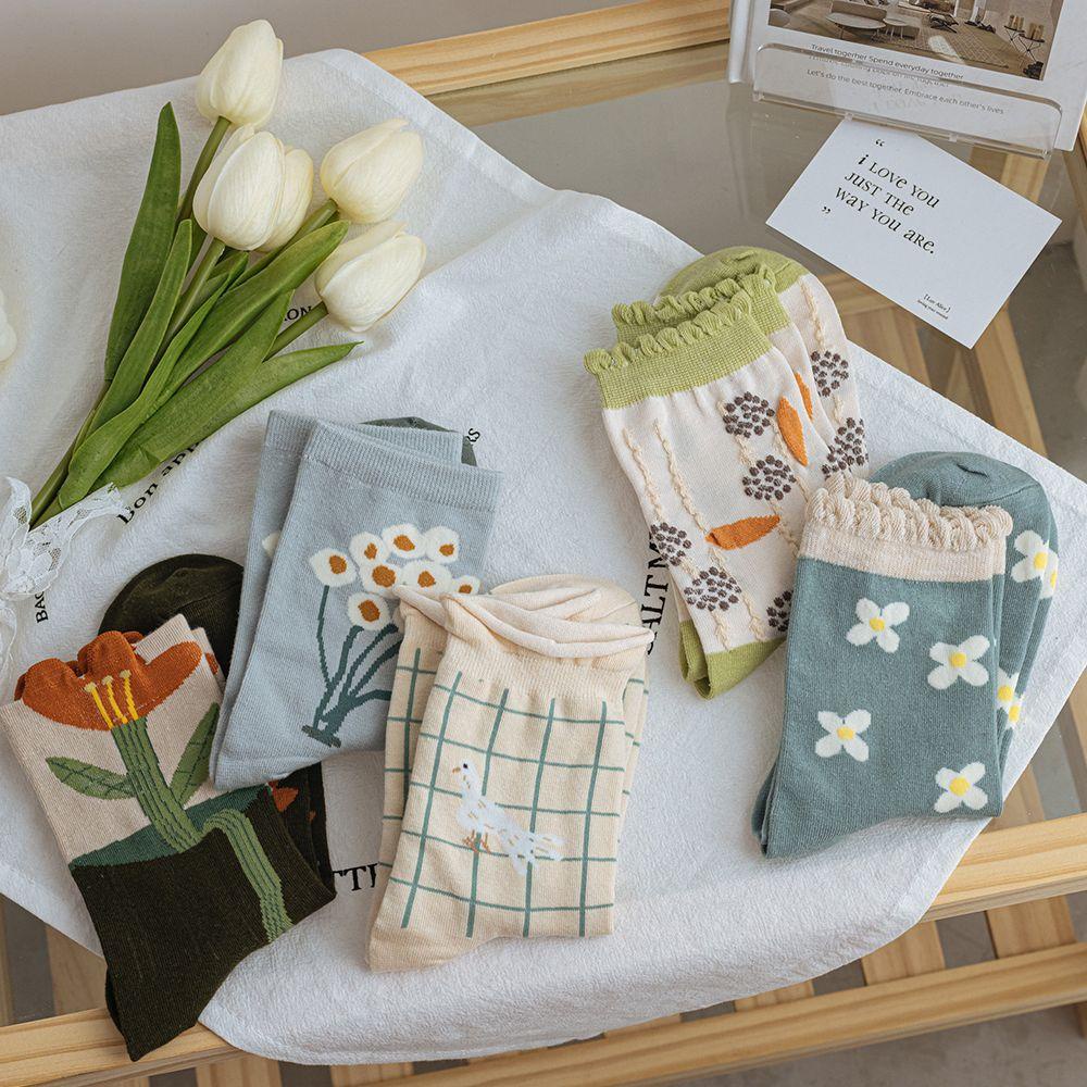 SOMEDAYZL Vớ Nữ Họa Tiết Caro / Bông Hoa Phong Cách Hàn Quốc Ngọt Ngào Thời Trang Mùa Xuân