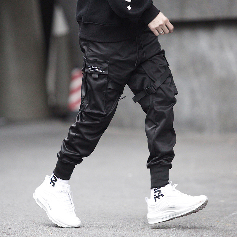 Quần Jogger Dài 6 Túi Màu Đen Dáng Ôm Lưng Thun Phối Dây Rút Phong Cách Hip Hop Đường Phố Cho Nam