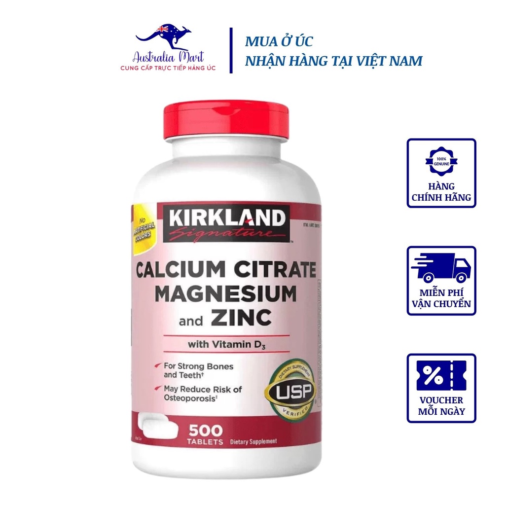 Viên Uống Kirkland Signature Calcium Magnesium And Zinc With Vitamin D3 Bổ Sung Canxi Và Kẽm 500 Viên
