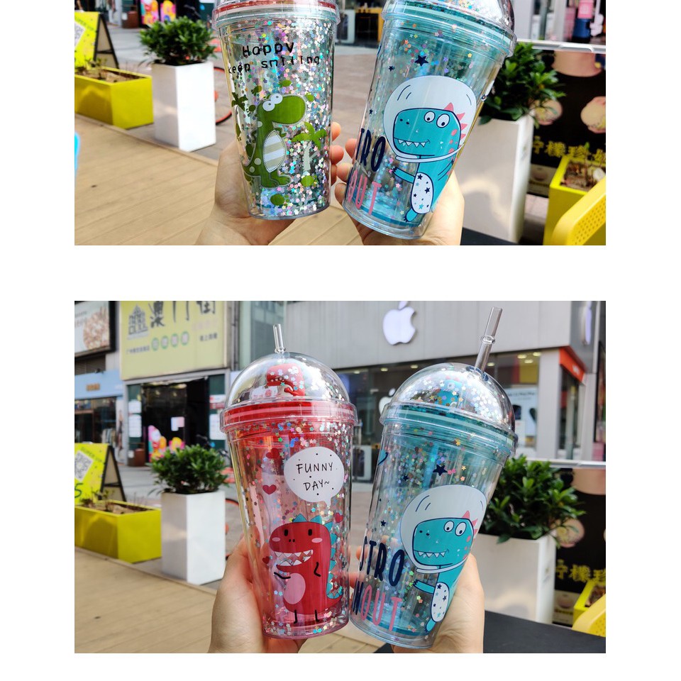 Cốc uống nước hình khủng long siêu dễ thương kèm ống hút