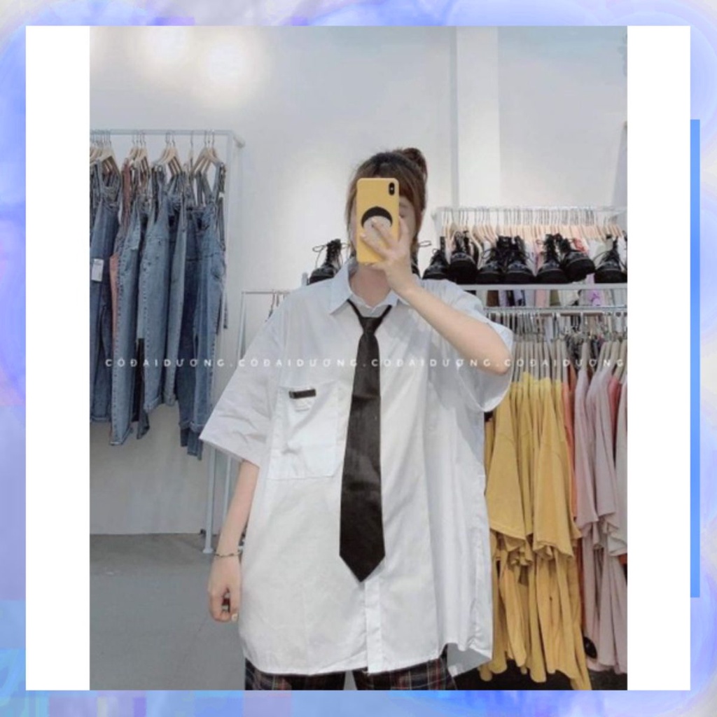 Áo sơ mi tay lỡ kèm carvat rời Ullzang vải pha đũi mềm mại.hangtotgiare98