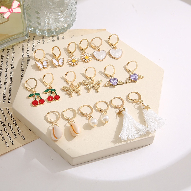 Set 9 Đôi Bông Tai Bằng Hợp Kim Dát Đá Hình Bướm / Trái Tim / Cherry / Ngọc Trai YR