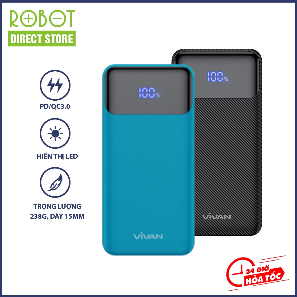 Pin sạc dự phòng Vivan VPB-X10 Robot Direct Store 10000mAh sạc nhanh PD/QC 3.0 chính hãng 20W 2 output type C