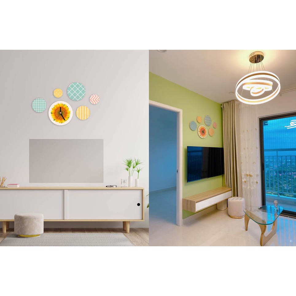 Đồng hồ treo tường mẫu hoa hướng dương kèm 5 tranh gỗ tròn trang trí phòng khách - Màu sắc bền đẹp, sắc nét