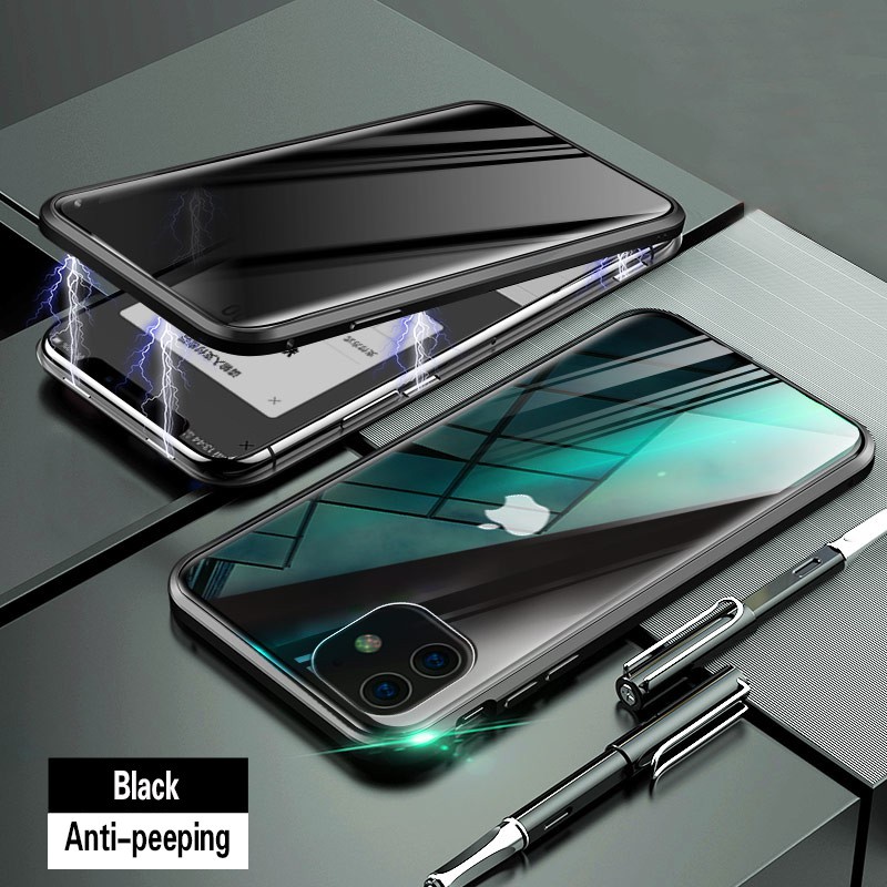 Ốp điện thoại khung kim loại mặt kính cường lực chống nhìn trộm 360 cho Iphone 11 Pro MAX XR XS MAX X 8 7 6 6s plus