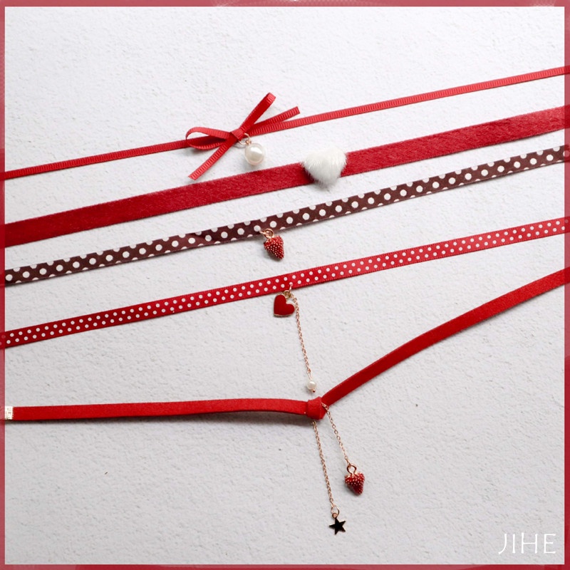 【JIHE】Vòng Cổ choker Mặt Hình Trái Dâu Thắt Nơ Thời Trang Quyến Rũ Cho Nữ