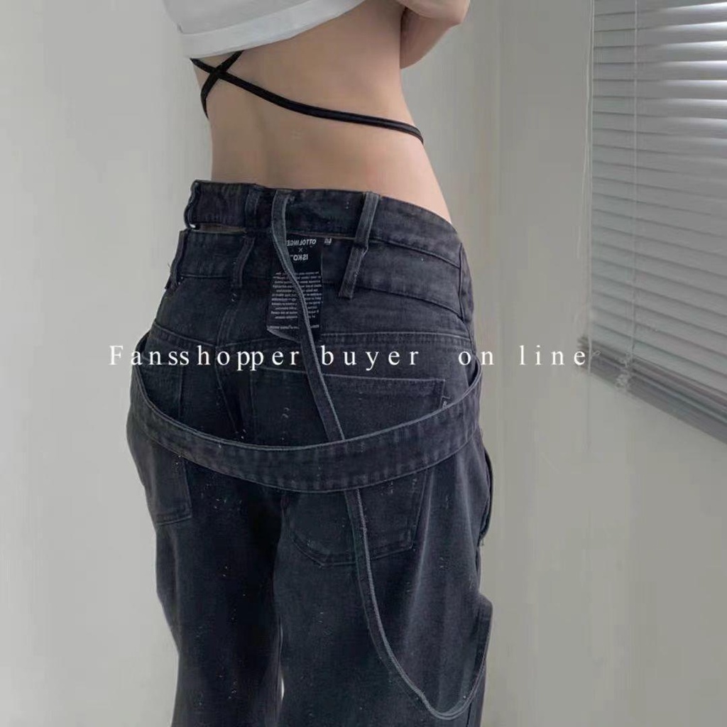 Quần Jean Dài Dáng Suông Rộng Phối Dây Ruy Băng Cá Tính