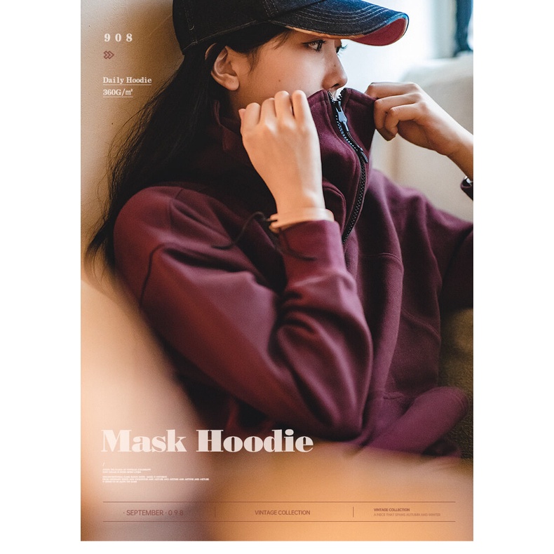 Áo sweater MADEN cotton cổ đứng có mũ trùm phối khóa kéo một nửa thời trang mùa thu Nhật Bản 2022 cho nữ