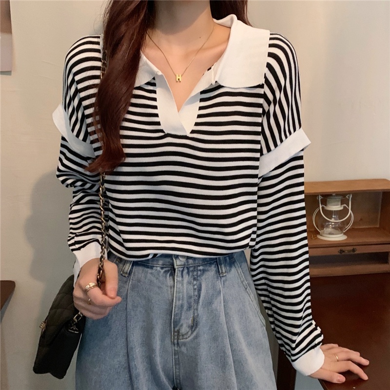 Áo sweater tay dài cổ chữ V kẻ sọc màu sắc tương phản thời trang mùa thu cho nữ