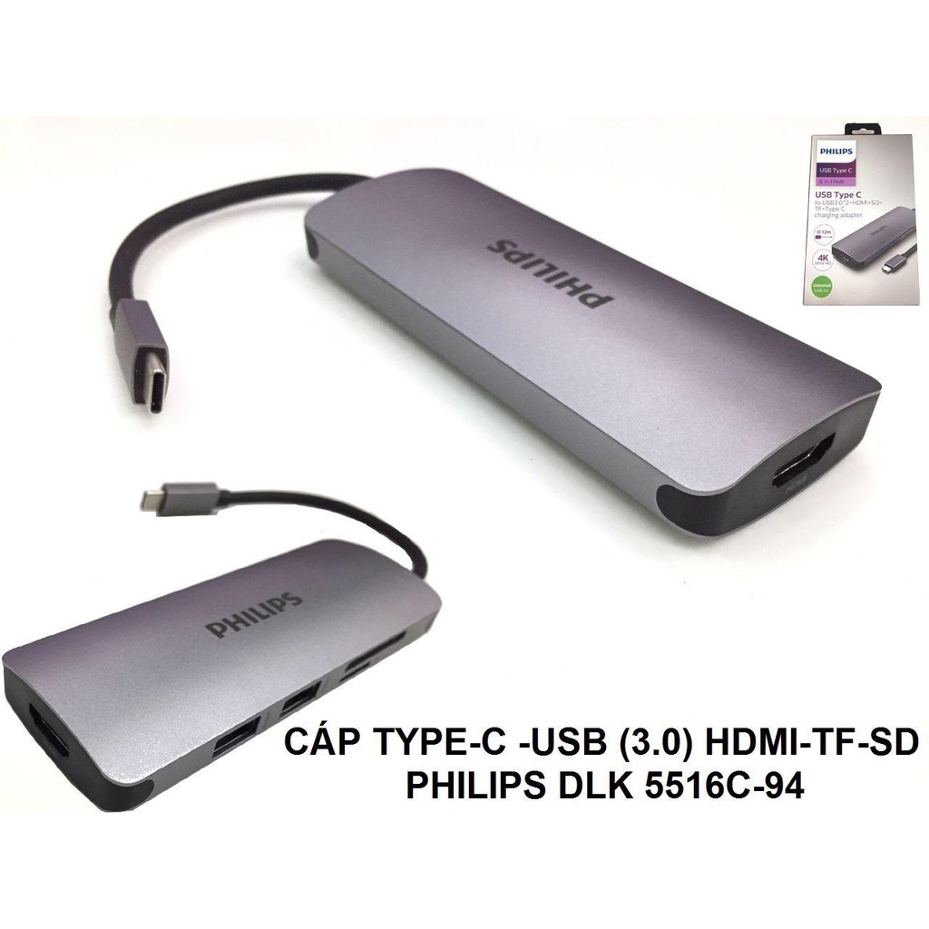 Cáp chuyển Type C sang HDMI 4K + 2USB 3.0 + khe thẻ nhớ Micro SD -TF + SD Philips DLK 5516C/94