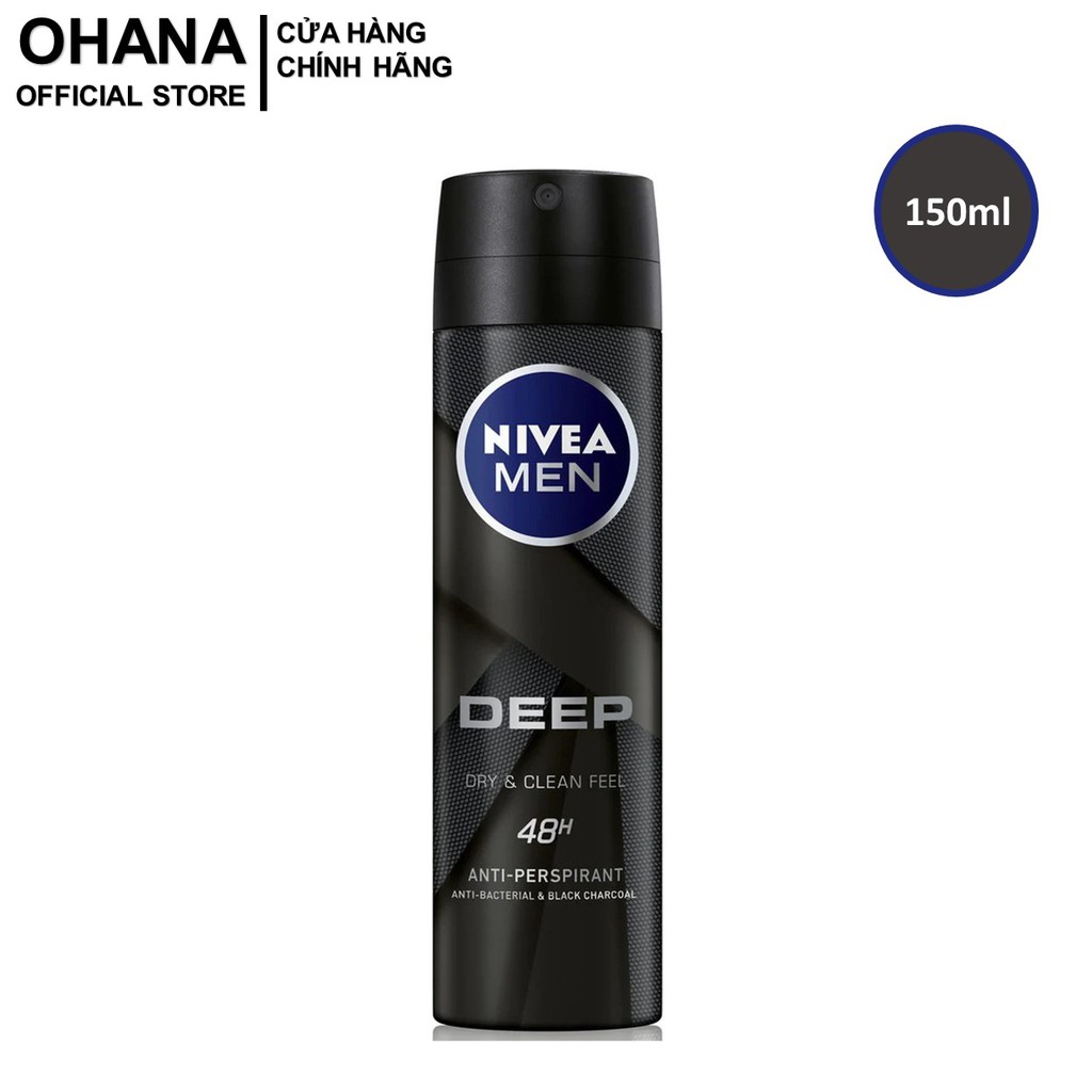 Xịt Ngăn Mùi Nivea Men Than Hoạt Tính Hương Gỗ Đen Deep Dry &amp; Clean Feel 150ml - Đen