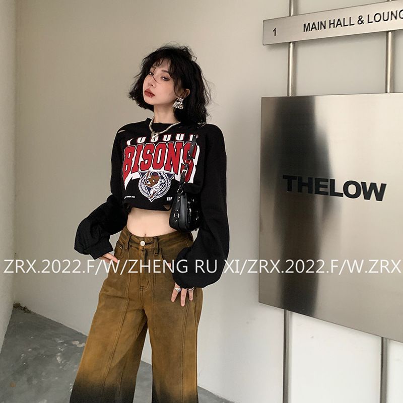 COZOKC COZOK Áo thun crop top COZOK tay dài in họa tiết chữ cái thời trang Hàn Quốc dành cho nữ