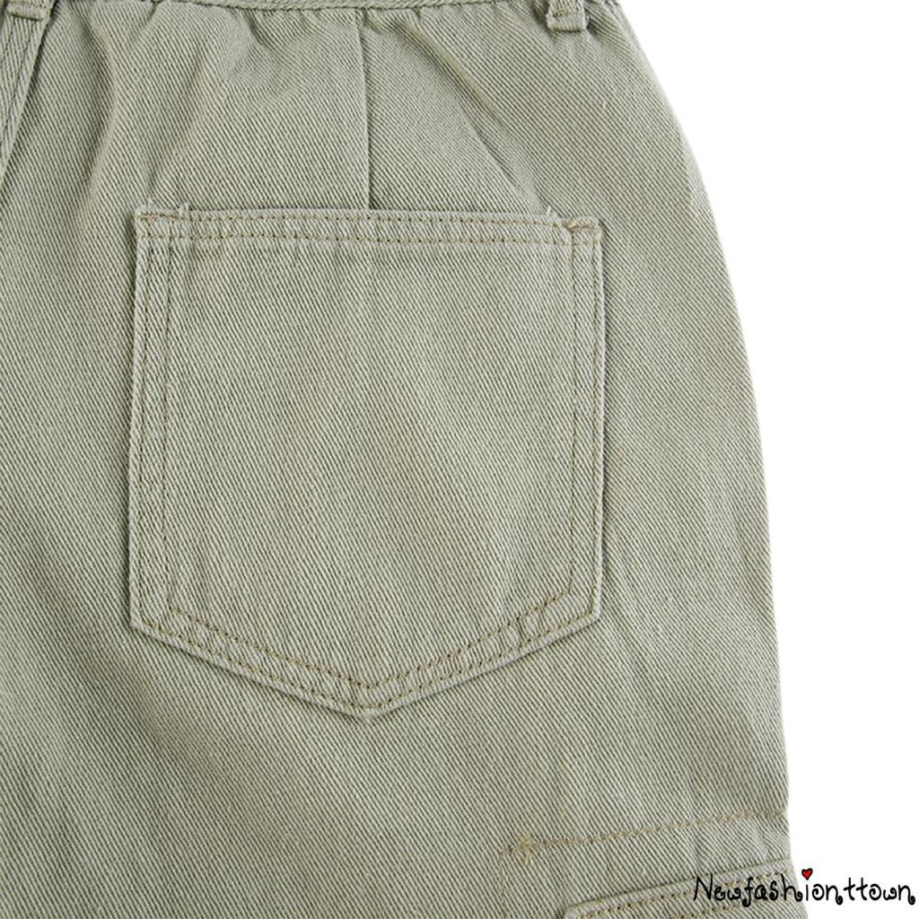 Quần jeans nữ màu trơn rộng cạp vừa nhiều túi