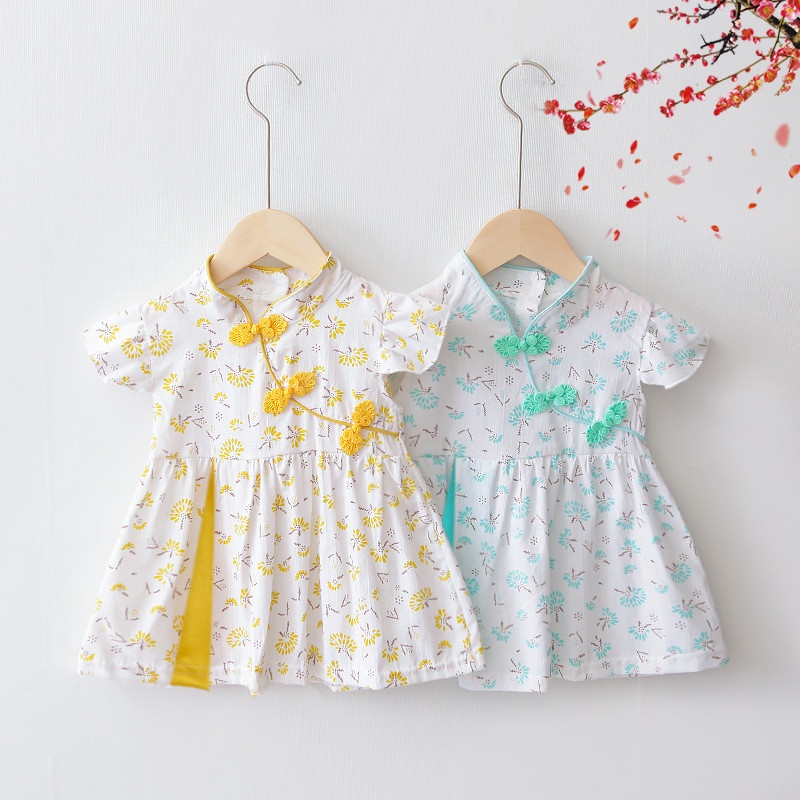 Đầm Công Chúa Vải Cotton Mỏng In Hoa Kiểu Trung Hoa Dễ Thương Thời Trang Mùa Hè Cho Bé Gái