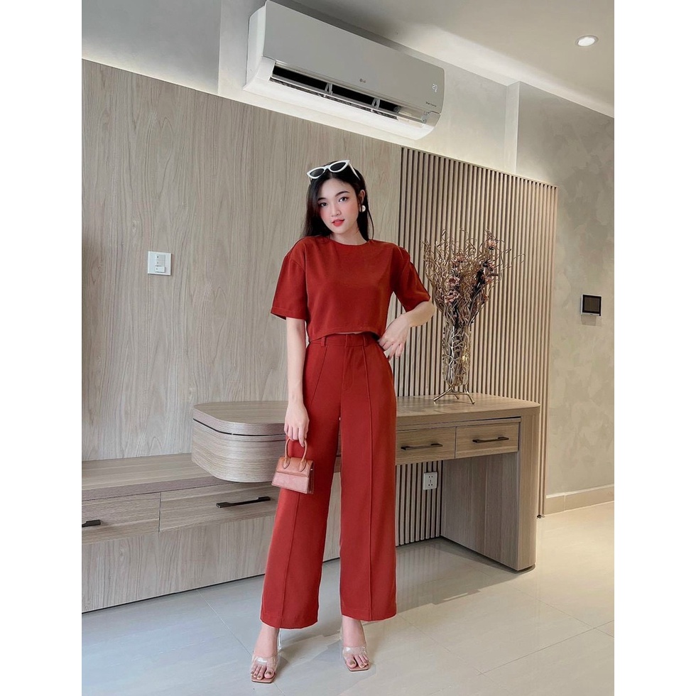 Set Bộ Tuyết Mưa Áo Thun Crotop Mix Quần Dài Ống Rộng Xuông Cực Xinh Sang Chảnh