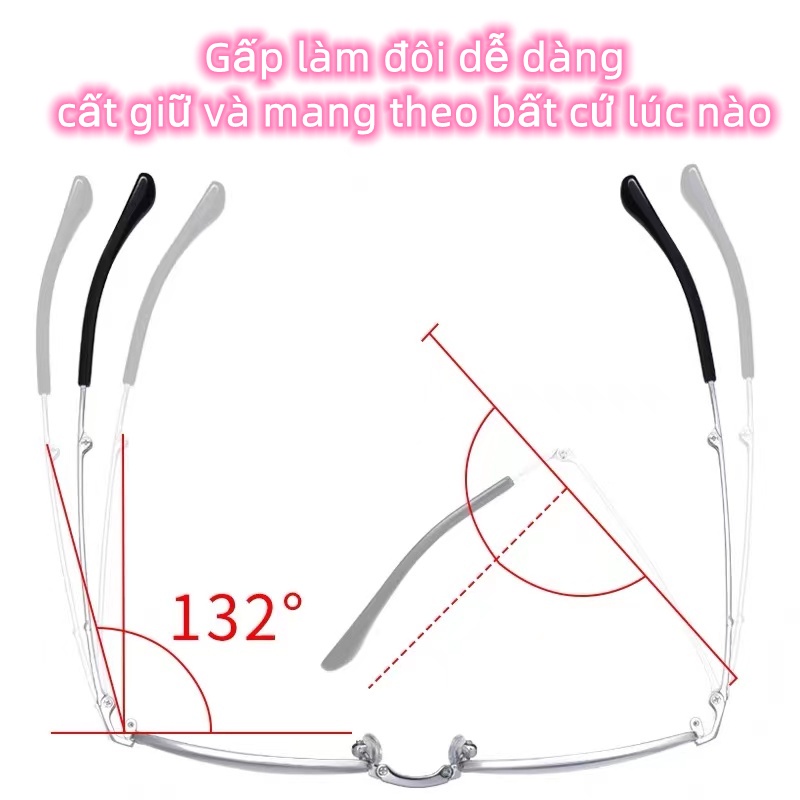Gọng kính lão-viễn thị,thấu kính pha lê đọc sách unisex +1,2,3,4 độ thiết kế gấp gọn tặng kèm bao da và khăn lau cao cấp