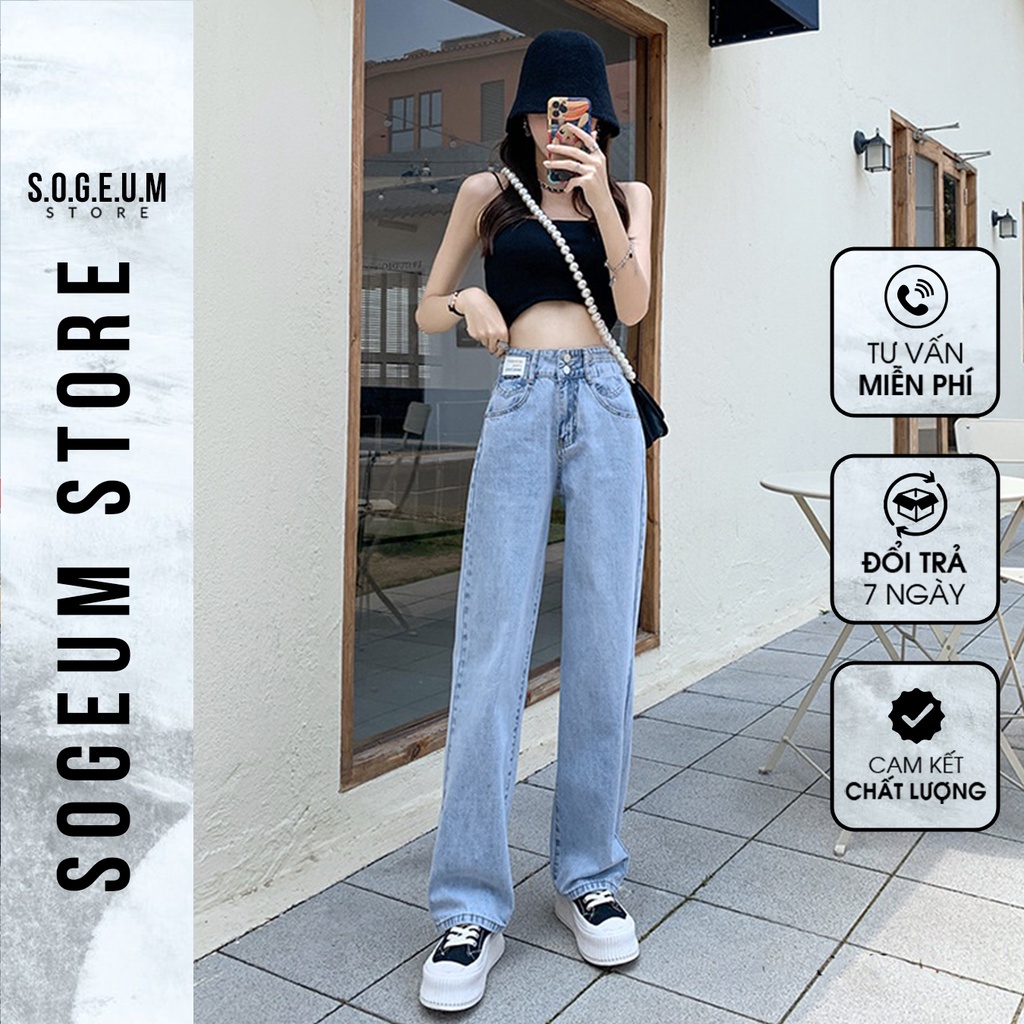 Quần jean nữ ống rộng, Quần bò nữ cạp lưng cao dáng suông chất bò dầy dặn Sogeum.store Q125