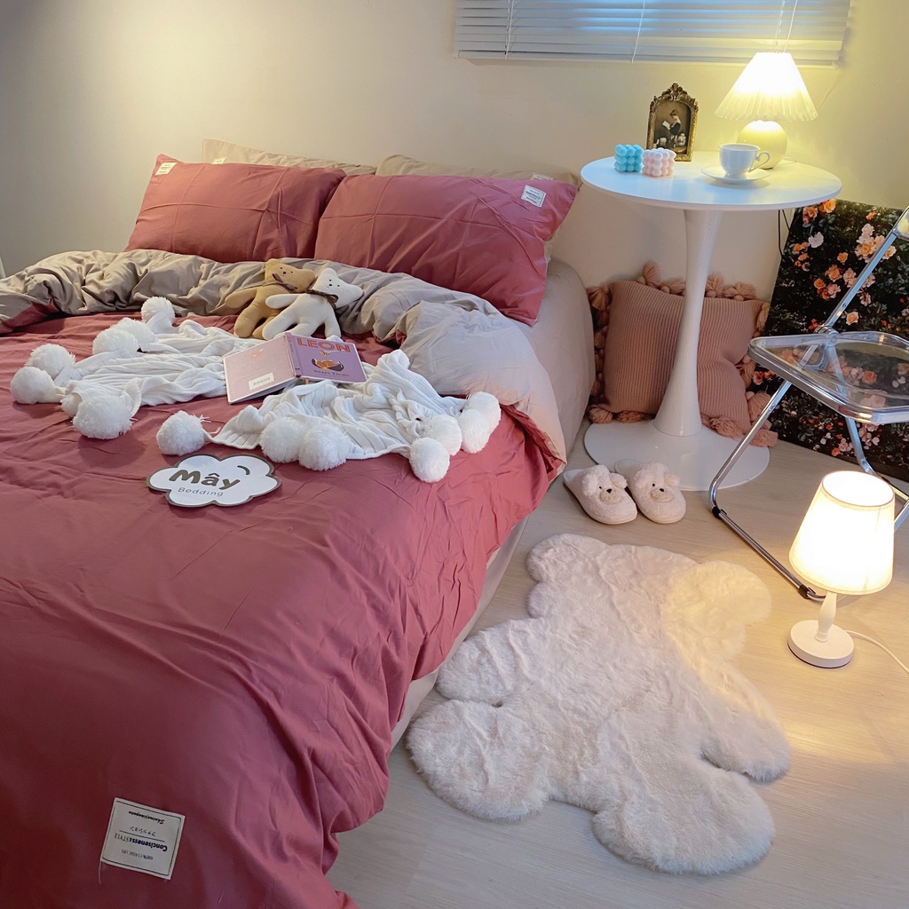 Bộ chăn ga gối COTTON TC trơn phối ga trải giường màu be MÂY BEDDING đủ màu cam hồng tím nâu vàng đủ kích thước nệm