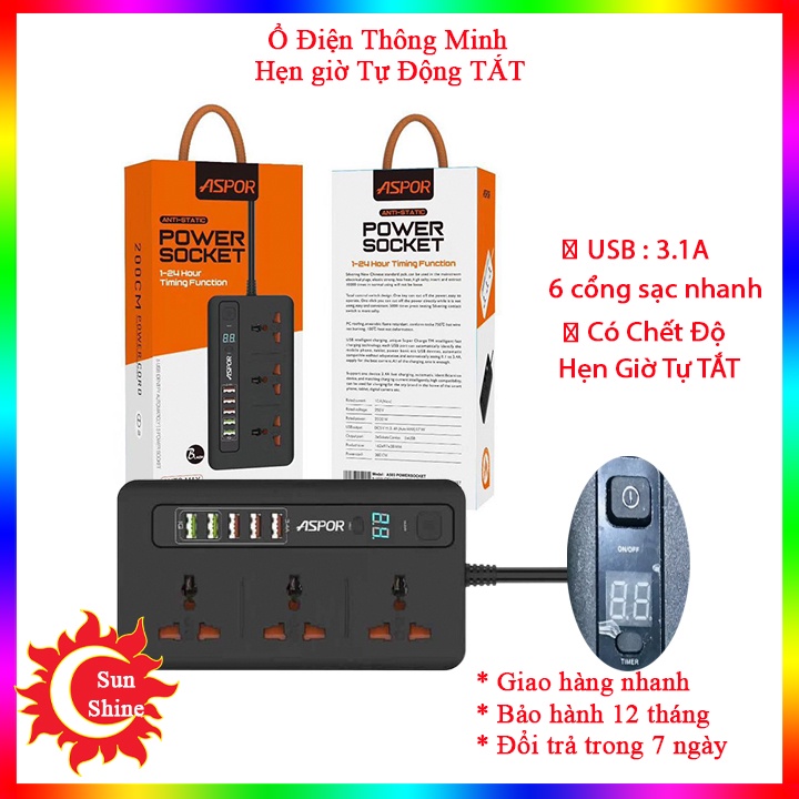 [MẪU MỚI]ASPOR A503 với 5 cổng USB Sạc nhanh 3.1A,Ổ hẹn giờ thông minh Tự Động TẮT,Phích cắm Đa Năng,Ổ Điện