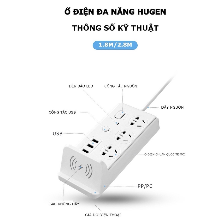 Ổ Cắm Điện Đa Năng Có Sạc Không Dây Kèm Đầu Cắm USB