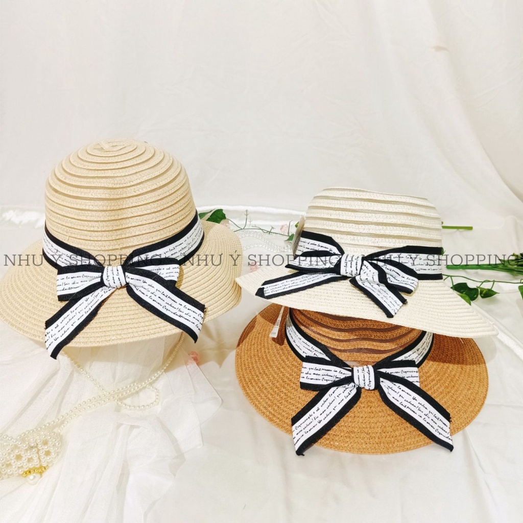 Nón cói,mũ cói nữ đi biển vành nhỏ phối lưới nơ viền sọc in chữ tiểu thư sang chảnh-q12m viền sọc chữ