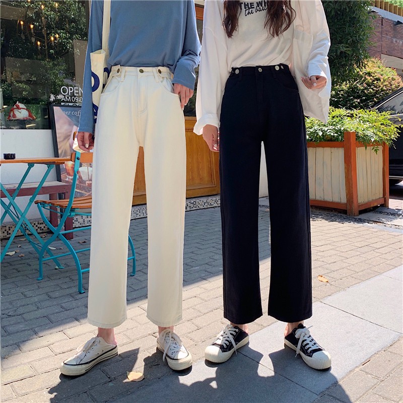 NEW Quần Jeans Lưng Cao Ống Rộng Phong Cách Hàn Quốc