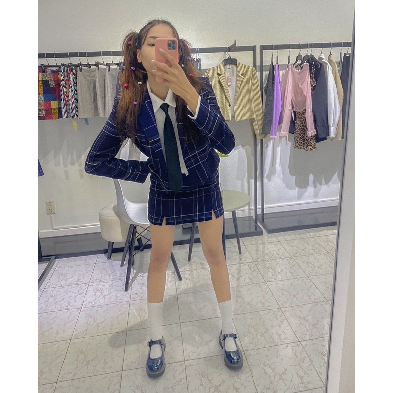 SET áo khoác vest nữ (blazer) croptop sọc caro xanh dương - áo vest blazer nữ phối váy xẻ đùi Dalla Saigon | BigBuy360 - bigbuy360.vn