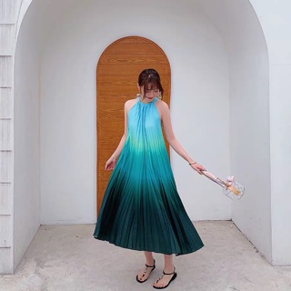 Đầm maxi màu ombre xếp ly