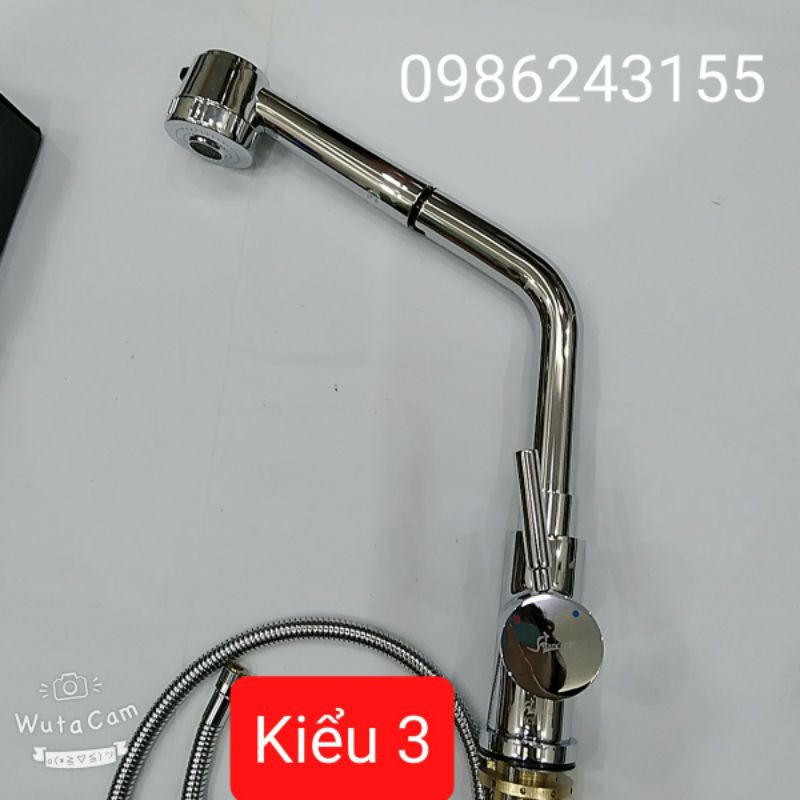 Vòi rửa bát nóng lạnh dây rút inox cao cấp sáng bóng, sang trọng có nút điều chỉnh