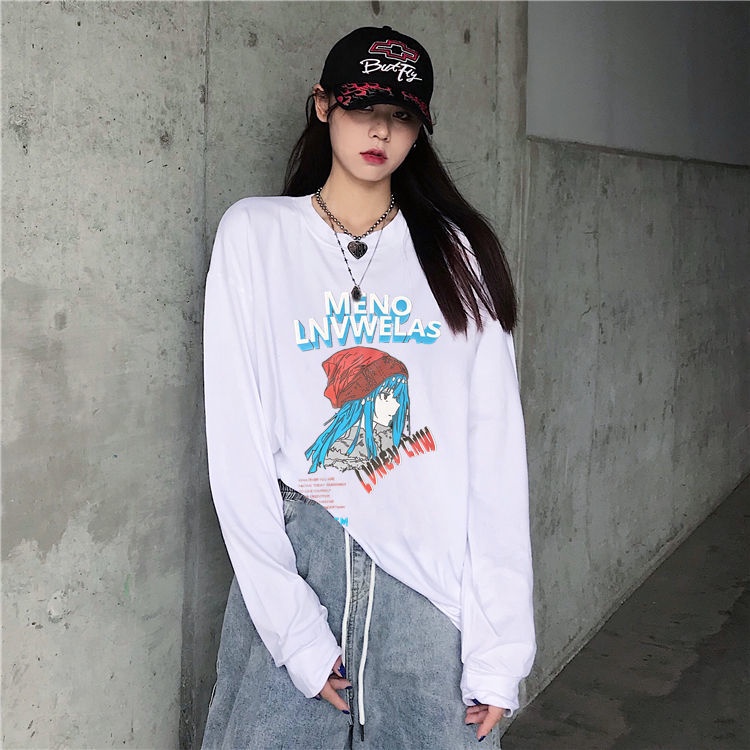 NRVP Áo Thun 100% Cotton Tay Dài Dáng Rộng In Họa Tiết Phong Cách Hàn Quốc Cho Nữ