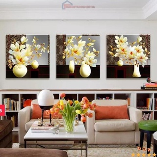 Tranh đính đá DF2499 LV147 (1m42 x 50cm), thêu chữ thập hoa mộc lan bộ 3 bức LV3091 (1m28 x 45cm)