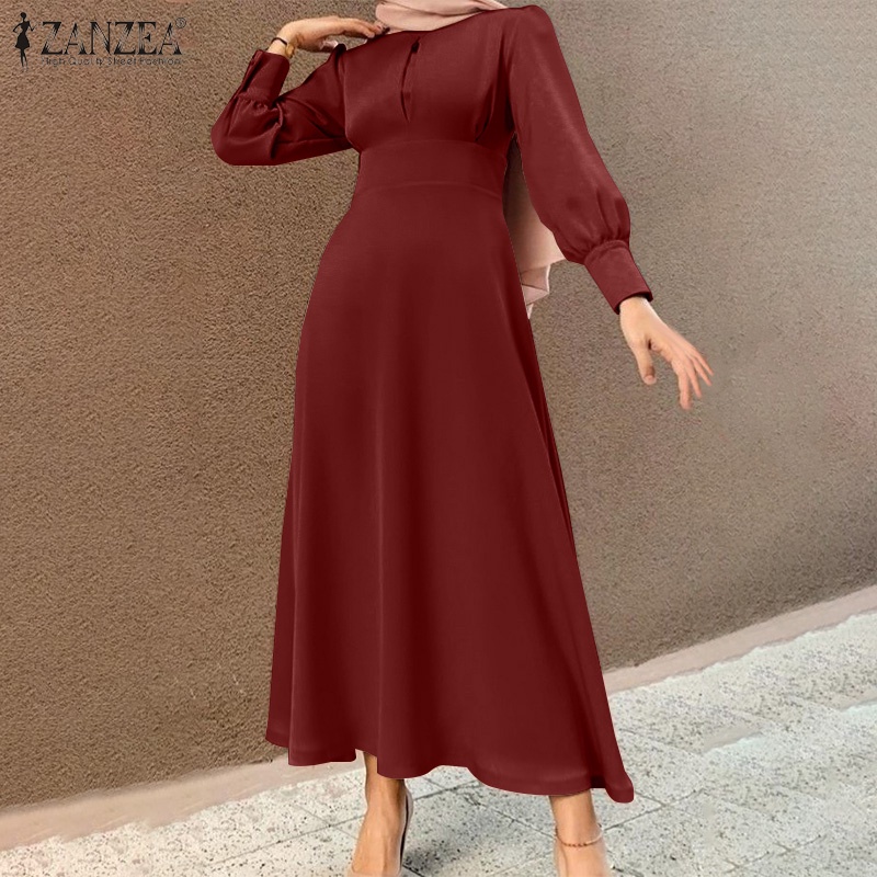 Đầm maxi nữ Zanzea tay dài màu trơn nhấn eo thời trang