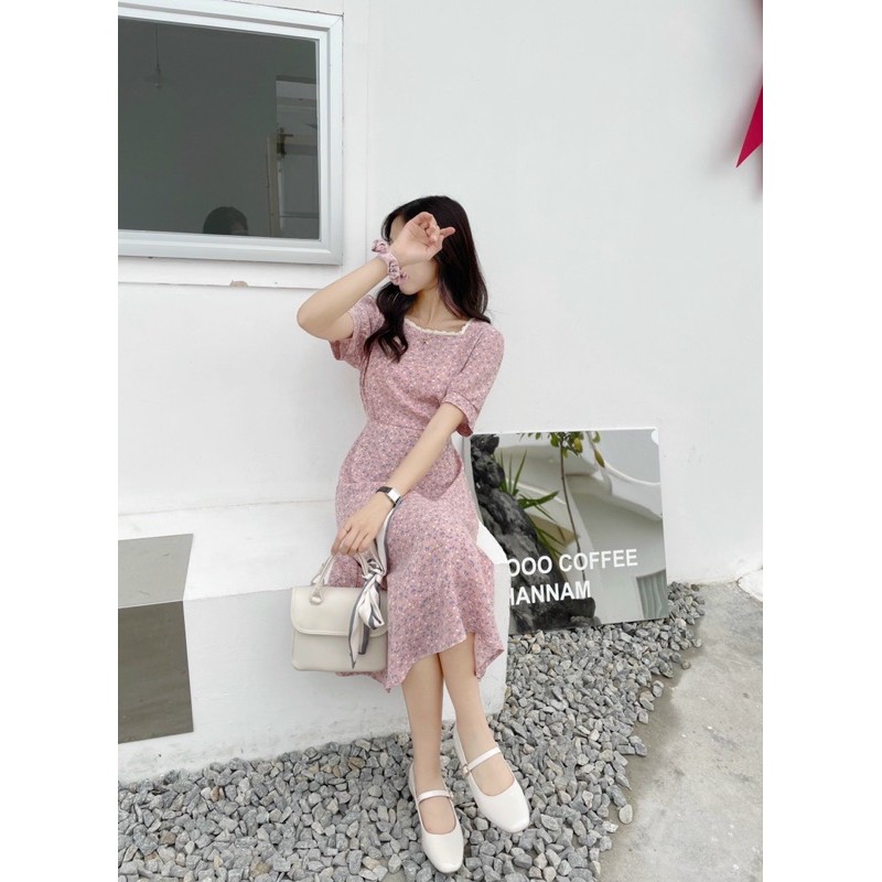 Đầm - váy hoa nhí cổ ren kèm chun vintage 2803