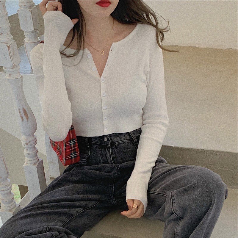 Áo len croptop tay dài Áo Cardigan nữ dệt kim len tăm Hàn Quốc Quảng Châu K2C2