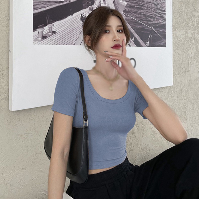 Áo Thun Croptop Tay Ngắn Cổ Vuông Màu Sắc Trơn Thời Trang Cho Nữ